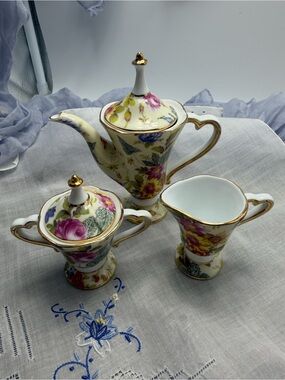 Limoges Floral Porcelain Tea Set in White, Pink, Yellow and Green Gold Trim